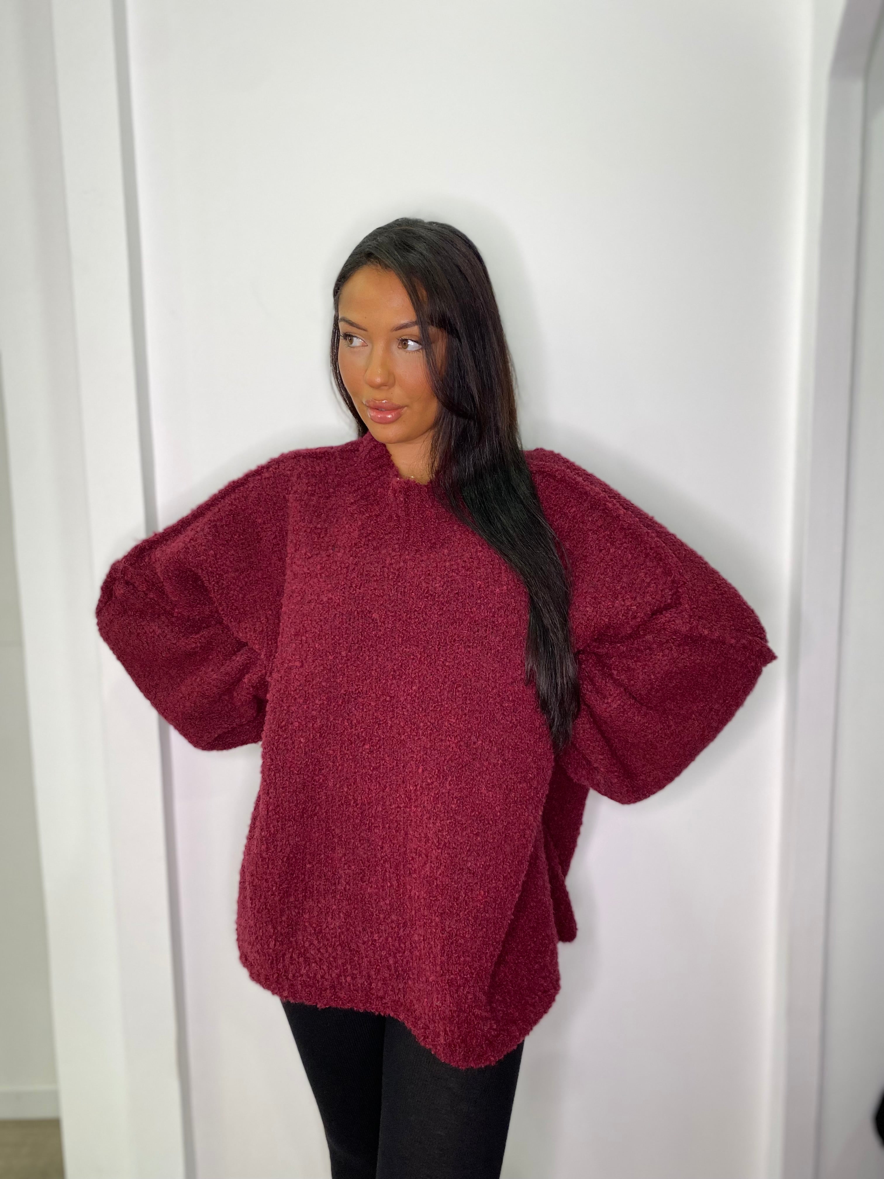 Pull maxi laine bouclé Bordeaux